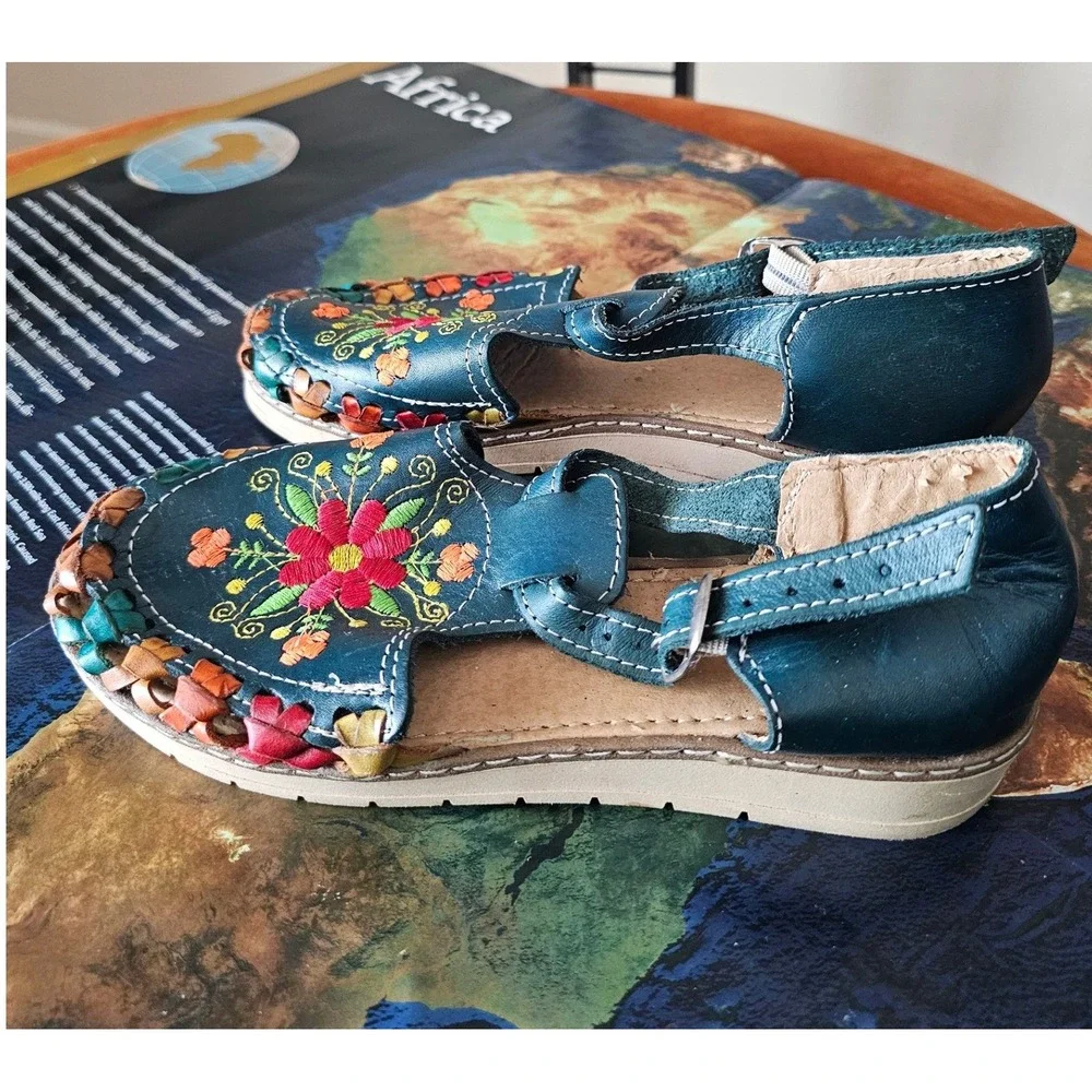 Mexican Huarache Sandals Teal Leather Floral Embroidered Woven Flats Womens 7 38